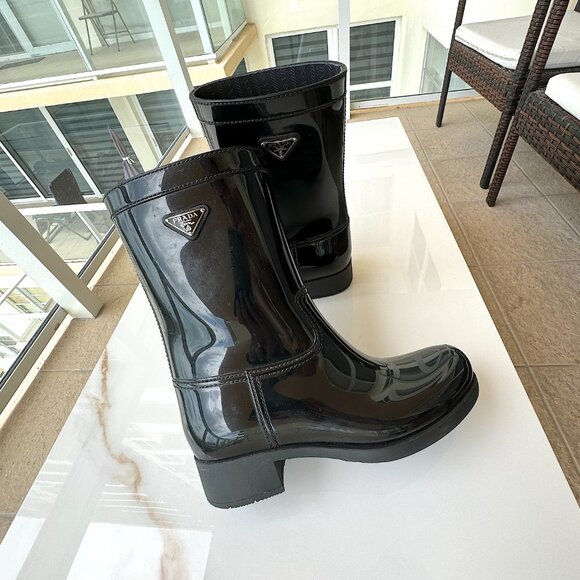 PRADA Black Sport Mid Calf Rubber Rain Boots Women Size 7 - Picture 1 of 12